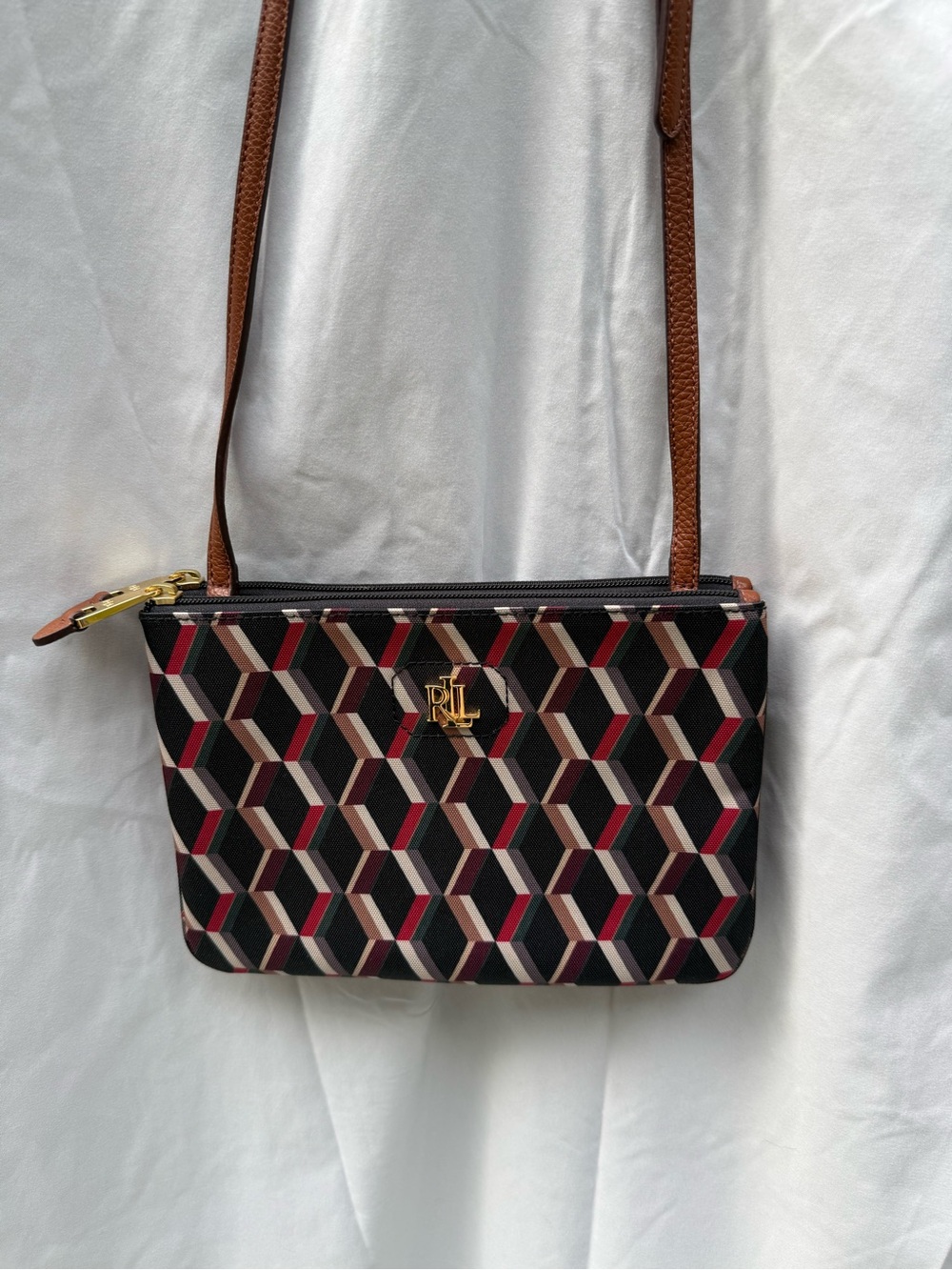 Ralph Lauren Black Geometric Print Crossbody with Brown Strap